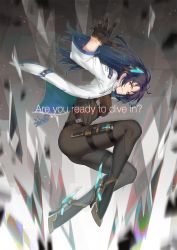 Rule 34 | 1girl, armor, armored boots, black bodysuit, black gloves, black hair, blue hair, bodysuit, boots, breasts, brown eyes, english text, from side, full body, gloves, gradient hair, grin, headgear, high heel boots, high heels, highres, holster, jacket, long sleeves, looking at viewer, looking to the side, medium breasts, multicolored hair, open clothes, open jacket, original, parted bangs, parted lips, smile, solo, thigh holster, uyu (keyakinoki), white jacket, yellow eyes