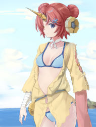 Rule 34 | 1girl, :/, bandaged arm, bandages, bikini, blue bikini, blue eyes, breasts, breasts apart, closed mouth, cloud, collarbone, day, double bun, fate/grand order, fate (series), frankenstein&#039;s monster (fate), frankenstein&#039;s monster (swimsuit saber) (fate), frankenstein&#039;s monster (swimsuit saber) (first ascension) (fate), hair bun, hair ornament, hair over one eye, highres, horns, looking at viewer, medium breasts, outdoors, papipana, pink hair, profile, single horn, sky, solo, swimsuit, water