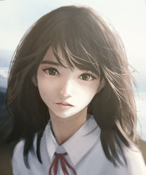 Rule 34 | 1girl, bad id, bad pixiv id, brown eyes, brown hair, collared shirt, commentary, english commentary, expressionless, lips, looking at viewer, medium hair, neck ribbon, ojay tkym, original, parted lips, portrait, realistic, red ribbon, ribbon, school uniform, shirt, sidelighting, solo, uniform, white shirt
