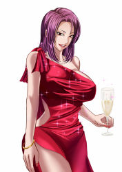Rule 34 | 00s, 1girl, breasts, cup, dress, drinking glass, highres, image sample, koukawa oboro, large breasts, lipstick, makeup, motoi (dizziness), pixiv sample, purple hair, simple background, smile, taimanin (series), taimanin asagi, white background, wine glass
