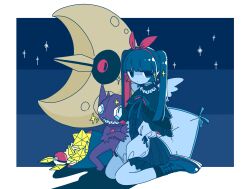 Rule 34 | 1girl, arms between legs, black capelet, black eyes, black shirt, blue background, blue hair, blue ribbon, blunt bangs, border, bow, capelet, center frills, colored inner hair, creatures (company), dot mouth, frilled shirt, frills, full body, game freak, gen 3 pokemon, hair bow, hairband, highres, jitome, layered clothes, long hair, long sleeves, looking at viewer, lunatone, multicolored hair, neck ribbon, nintendo, no pupils, original, pillow, pokemon, pokemon (creature), red bow, red hair, red hairband, ribbon, sableye, shadow, shirt, sidelocks, simple background, sitting, sparkle, sskitaco, twintails, wariza, white border