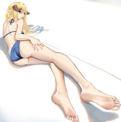 Rule 34 | 1girl, ass, barefoot, bikini, blonde hair, blue eyes, feet, hand on own thigh, highres, horns, long hair, looking at viewer, lying, nnn (nonightnomad), on side, parted lips, pointy ears, soles, swimsuit, toes