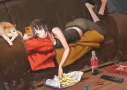 Rule 34 | 1girl, :i, bag of chips, bare arms, bare shoulders, black hair, blanket, blunt bangs, bottle, breasts, brown pants, can, cat, cellphone, chips (food), cleavage, closed mouth, coke bottle, controller, couch, drink can, eating, feet up, flip-flops, food, full body, green eyes, highres, holding, holding phone, joy-con, jun (navigavi), looking at phone, medium breasts, on couch, original, pants, phone, plant, potted plant, remote control, sandals, short hair, smartphone, soda bottle, soda can, solo, tank top, tareme, track pants, tray, wavy mouth