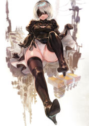 Rule 34 | 1girl, absurdres, aoin, black dress, black footwear, black thighhighs, blindfold, boots, breasts, cleavage, clothes lift, dress, elbow gloves, gloves, high heel boots, high heels, highres, large breasts, leotard, mole, mole under mouth, nier (series), nier:automata, non-web source, partially visible vulva, silver hair, skirt, skirt lift, solo, thigh boots, thighhighs, white leotard, 2b (nier:automata)