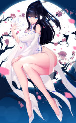 Rule 34 | 1girl, absurdres, ass, bare legs, bare shoulders, black hair, blunt bangs, breasts, cherry blossoms, china dress, chinese clothes, cleavage, closed mouth, detached sleeves, dress, falling petals, flower, folding fan, full body, hair ornament, hair stick, hand fan, hand on own knee, high heels, highres, holding, holding fan, large breasts, legs, lips, long hair, long sleeves, looking at viewer, moon, night, original, panties, petals, pink flower, ponytail, side-tie panties, side slit, solo, thighs, tree, turtleneck, two side up, underwear, white dress, white footwear, white panties, zemzeq