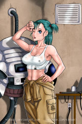 Rule 34 | 1girl, blouse, blue eyes, breasts, bulma, cable, capsule corp, cleavage, clothes around waist, covered erect nipples, cowboy shot, dragon ball, dragonball z, electrical outlet, green hair, hand on own hip, highres, large breasts, lips, midriff, navel, one side up, overalls, r3ydart, see-through, shirt, solo, sweat, tank top, taut clothes, taut shirt, toned, white shirt