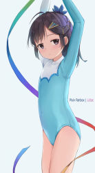Rule 34 | 1girl, arms up, artist name, athletic leotard, black hair, blue leotard, blush, child, closed mouth, commentary request, covered navel, grey background, grey eyes, hair ornament, hairclip, highres, leotard, liclac, long hair, looking at viewer, original, ribbon, simple background, solo, standing