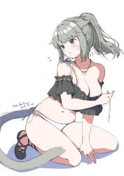 Rule 34 | 1girl, absurdres, animal ears, ankle lace-up, artist name, bikini, blush, breasts, cat ears, cat girl, cat tail, cleavage, cross-laced footwear, dated, detached sleeves, facial mark, faux commander, final fantasy, final fantasy xiv, frilled tankini, grey eyes, grey hair, highres, jewelry, kneeling, miqo&#039;te, mochiko tsuru, navel, necklace, ponytail, side-tie bikini bottom, sweatdrop, swimsuit, tail, wardrobe malfunction, whisker markings, white bikini, zhloe aliapoh