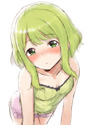 Rule 34 | 1girl, :o, absurdres, all fours, bare shoulders, blush, breasts, camisole, cleavage, collarbone, frilled shorts, frills, green camisole, green eyes, green hair, highres, looking at viewer, morinaka kazaki, nijisanji, nose blush, parted lips, pink shorts, short shorts, shorts, sidelocks, simple background, small breasts, solo, virtual youtuber, white background, yotsugi