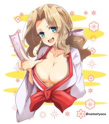 Rule 34 | 1girl, aqua eyes, blonde hair, breasts, cleavage, cropped torso, girls und panzer, highres, japanese clothes, kay (girls und panzer), large breasts, long hair, looking at viewer, miko, namatyoco, ofuda, open mouth, solo, wide sleeves