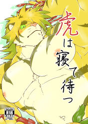 Rule 34 | 1boy, abs, absurdres, animal ears, arm up, bandaged hand, bandages, bara, blush, chest tuft, close-up, colored sclera, cover, cover page, doujin cover, fat, fat man, furry, furry male, green sclera, hair over one eye, highres, large pectorals, long hair, looking at viewer, macan (housamo), male focus, muscular, muscular male, navel, nipples, pectorals, solo, stomach, thick eyebrows, tiger boy, tiger ears, tokyo houkago summoners, yellow fur, yukashita