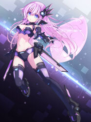 1girl absurdres black_gloves black_thighhighs blue_eyes breasts choujigen_game_neptune_mk2 cleavage_cutout clothing_cutout flying gloves hair_ornament highres long_hair medium_breasts navel neptune_(series) open_mouth pink_hair pink_wings purple_sister revealing_clothes shionic_zm skin_tight solo thighhighs very_long_hair wings