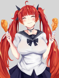 Rule 34 | 1girl, ahoge, azur lane, black choker, black sailor collar, black skirt, blush, breasts, chicken (food), choker, closed eyes, closed mouth, collarbone, eating, facing viewer, food, food on face, fried chicken, hair ornament, hands up, highres, honolulu (azur lane), honolulu (umbrella girl) (azur lane), irohara, large breasts, long hair, miniskirt, pleated skirt, red hair, sailor collar, school uniform, shirt, short sleeves, skirt, solo, sparkle, twintails, upper body, very long hair, wavy mouth, white shirt