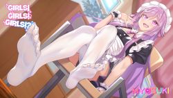 Rule 34 | 1boy, :d, blush, chair, copyright name, crossed legs, feet, foot focus, foreshortening, from below, game cg, girls! girls! girls!?, hayasaka kaede, husun wei, indoors, long hair, maid, male focus, open mouth, puffy sleeves, purple eyes, purple hair, sitting, smile, soles, solo, thighhighs, trap, white thighhighs
