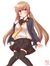 Rule 34 | 1girl, artist logo, black skirt, black thighhighs, blue jacket, blush, breasts, brown eyes, brown hair, closed mouth, commentary request, cosplay, dated, feet out of frame, hair between eyes, hair ornament, hairclip, highres, jacket, kanon (kurogane knights), kantai collection, long hair, long sleeves, look-alike, looking at viewer, low twintails, medium breasts, miniskirt, neckerchief, necktie, pleated skirt, revision, satsuki (kancolle), satsuki (kancolle) (cosplay), school uniform, serafuku, simple background, skirt, solo, star (symbol), star pin, tashkent (kancolle), thighhighs, twintails, white background, yellow neckwear