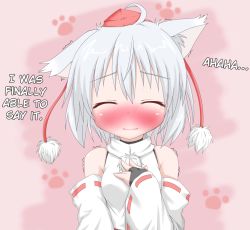 Rule 34 | 1girl, animal ears, bare shoulders, blush, confession, detached sleeves, closed eyes, female focus, gauntlets, hand on own chest, happy tears, hard-translated, hat, hat ribbon, inubashiri momiji, oden (th-inaba), paw print, ribbon, shirt, short hair, silver hair, smile, solo, tears, third-party edit, tokin hat, touhou, translated, trembling, upper body, wolf ears