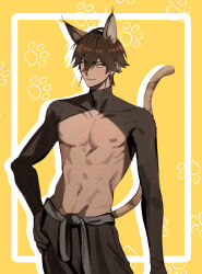 Rule 34 | 1boy, animal ear fluff, animal ears, black pants, black shirt, brown hair, cat boy, cat ears, cat tail, closed mouth, cowboy shot, cropped shirt, dabin, dangle earrings, earrings, eyelashes, fate/grand order, fate (series), hair between eyes, highres, jewelry, kemonomimi mode, male focus, navel, nipples, ozymandias (fate), pants, pectorals, revealing clothes, shirt, solo, tail, yellow background, yellow eyes