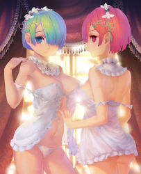 Rule 34 | 10s, 2girls, ass, babydoll, back, backlighting, blue eyes, blue hair, blue nails, breasts, cleavage, covered erect nipples, cowboy shot, curtains, detached collar, eyelashes, frills, fringe trim, green ribbon, hair ornament, hair over one eye, hair ribbon, hairband, hairclip, hand on own shoulder, indoors, large breasts, lingerie, looking at viewer, medium breasts, multiple girls, nail polish, navel, neck ribbon, one eye covered, open mouth, panties, parted lips, pink eyes, pink hair, pink nails, profile, ram (re:zero), re:zero kara hajimeru isekai seikatsu, rem (re:zero), ribbon, shade, short hair, siblings, sisters, stomach, strap slip, string panties, surprised, twins, underwear, underwear only, waterring, white panties, window, x hair ornament