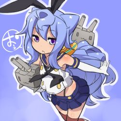 Rule 34 | 1boy, :&lt;, :3, black neckerchief, blue background, blue hair, blue skirt, commentary request, cosplay, crop top, cropped legs, crossover, elbow gloves, fukurou (owl222), gloves, hacka doll, hacka doll 3, jitome, kantai collection, long hair, miniskirt, monochrome background, neckerchief, purple eyes, rensouhou-chan, school uniform, serafuku, shimakaze (kancolle), shimakaze (kancolle) (cosplay), simple background, skirt, speech bubble, striped clothes, striped legwear, striped thighhighs, thighhighs, thong, trap, very long hair, white gloves