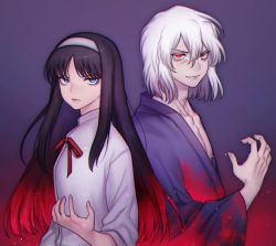 Rule 34 | 1boy, 1girl, black hair, blood, blood on clothes, blouse, blue eyes, closed mouth, commentary request, frown, gradient background, gradient hair, hair between eyes, hairband, highres, japanese clothes, kimono, long hair, long sleeves, looking at viewer, medium hair, multicolored hair, parted bangs, poisonsugar000, purple background, red eyes, red ribbon, ribbon, sanpaku, shirt, siblings, sidelocks, sleeves pushed up, smile, tohno akiha, tohno shiki (2), tsukihime, upper body, white hair, white hairband, white shirt, wide sleeves
