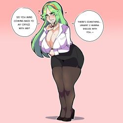 Rule 34 | 1girl, blush, bluueygooey, breasts, cleavage, female focus, full body, green eyes, green hair, heart, highres, huge breasts, kid icarus, long hair, looking at viewer, matching hair/eyes, mole, mole on breast, nail polish, nintendo, palutena, pantyhose, solo, speech bubble, thick thighs, thighs, wide hips