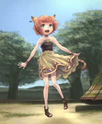 Rule 34 | 1girl, :d, absurdres, animal ears, animal nose, bare shoulders, black footwear, black vest, blue eyes, blue sky, cactus41747280, cat ears, cat girl, cat tail, child, choker, collarbone, dress, earrings, fangs, final fantasy, final fantasy xi, flat chest, full body, grass, highres, jewelry, mithra (ff11), open mouth, orange hair, orange pupils, outdoors, short hair, single earring, sky, smile, solo, strapless, strapless dress, striped tail, tail, toeless footwear, toenails, tree, vest, wristband, yellow choker, yellow dress