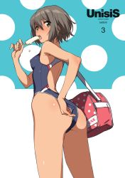 Rule 34 | 1girl, absurdres, adjusting clothes, adjusting swimsuit, ass, bag, breasts, brown hair, competition swimsuit, food, from behind, from below, green eyes, hair between eyes, highleg, highleg swimsuit, highres, looking at viewer, non-web source, one-piece swimsuit, original, popsicle, saitou masatsugu, short hair, shoulder bag, small breasts, solo, swimsuit, tongue, tongue out