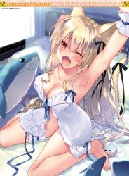 Rule 34 | 1girl, ;o, absurdres, animal ears, arm behind head, armpits, arms up, babydoll, bare shoulders, barefoot, bed, blonde hair, blue ribbon, breasts, cat ears, cat girl, cat tail, cleavage, collarbone, dengeki moeou, fang, frills, highres, long hair, looking at viewer, medium breasts, motomiya mitsuki, no panties, on bed, one eye closed, open mouth, pillow, red eyes, ribbon, sitting, solo, spaghetti strap, stuffed animal, stuffed shark, stuffed toy, tail, tail ornament, tail ribbon, thighs, underwear, underwear only, very long hair, wariza, wrist cuffs