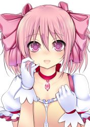Rule 34 | 10s, 1girl, bad id, bad pixiv id, blush, bow, brooch, gloves, hair between eyes, hair bow, haruta (806060), jewelry, kaname madoka, looking at viewer, magical girl, mahou shoujo madoka magica, mahou shoujo madoka magica (anime), pink eyes, pink hair, short hair, short twintails, simple background, smile, solo, soul gem, twintails, upper body, white background, white gloves