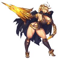 Rule 34 | 1girl, antenna hair, blonde hair, boots, braid, breasts, cleavage, cloak, closed mouth, feet, female focus, full body, game cg, groin, hands up, holding, holding weapon, huge breasts, leaning forward, legs, legs apart, long braid, long hair, looking at viewer, melon22, original, revealing clothes, serious, single braid, solo, standing, sword, thick thighs, thighs, transparent background, weapon, yellow eyes