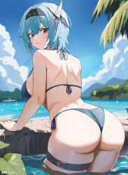 Rule 34 | 1girl, absurdres, ass, ass focus, bare arms, bare shoulders, bikini, black hairband, blue bikini, blue hair, blush, breasts, closed mouth, eula (genshin impact), from behind, genshin impact, hair ornament, hairband, highres, huge ass, large breasts, looking at viewer, looking back, medium hair, nvl, outdoors, partially submerged, skindentation, solo, swimsuit, thick thighs, thigh strap, thighs, water