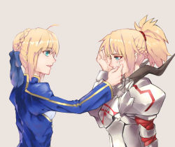 Rule 34 | 2girls, afternoir, ahoge, armor, artoria pendragon (all), artoria pendragon (fate), blonde hair, blue eyes, blue ribbon, blush, braid, breastplate, breasts, chest plate, comforting, crying, facing another, fate/grand order, fate (series), father and daughter, french braid, from side, green eyes, hair bun, hair ribbon, hair tie, hand up, happy, high ponytail, juliet sleeves, long hair, long sleeves, looking at another, looking down, mordred (fate), mordred (fate/apocrypha), mother and daughter, multiple girls, parent and child, parted lips, pauldrons, ponytail, puffy sleeves, ribbon, saber (fate), shoulder armor, simple background, smile, standing, talking, tan background, tears, upper body, wiping face, wiping tears
