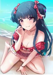 Rule 34 | 1girl, absurdres, arm support, bare shoulders, barefoot, beach, bikini, black bracelet, black hair, blunt bangs, blush, bow, breasts, brown eyes, choker, cleavage, closed mouth, collarbone, dot nose, frilled bikini, frills, from above, hair bow, hair ribbon, hand up, heart, heart choker, heart print, highres, idolmaster, idolmaster shiny colors, long hair, looking at viewer, mayuzumi fuyuko, medium breasts, ocean, print bikini, print ribbon, red bikini, red ribbon, ribbon, sakura ran, smile, soles, solo, swimsuit, two side up