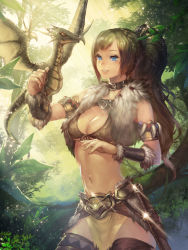 Rule 34 | 1girl, armlet, bikini, bikini top only, blue eyes, breasts, cleavage, collar, dragon, front-tie top, fur, grin, instant ip, large breasts, loincloth, navel, ponytail, smile, solo, sparkle, swimsuit, sword, thighhighs, vambraces, weapon