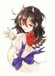 Rule 34 | 1girl, back bow, black hair, bow, commentary request, cropped torso, dress, from behind, grin, hair between eyes, hand up, hisona (suaritesumi), horns, kijin seija, light blush, long hair, looking at viewer, looking back, messy hair, multicolored hair, puffy short sleeves, puffy sleeves, purple bow, red eyes, red hair, short sleeves, simple background, smile, solo, streaked hair, touhou, uneven eyes, upper body, waving, white background, white dress, white hair, white horns