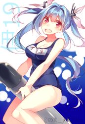 Rule 34 | 10s, 1girl, bad id, bad pixiv id, between legs, between thighs, blue hair, breasts, i-19 (kancolle), kantai collection, kureaki (exit), large breasts, one-piece swimsuit, pink eyes, school swimsuit, solo, swimsuit, thighs, torpedo, twintails