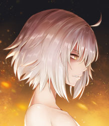 1girl ahoge bare_shoulders fate/grand_order fate_(series) female_focus fire jeanne_d&#039;arc_(fate) jeanne_d&#039;arc_alter_(avenger)_(fate) jeanne_d&#039;arc_alter_(fate) kengzeta portrait profile short_hair silver_hair solo upper_body yellow_eyes