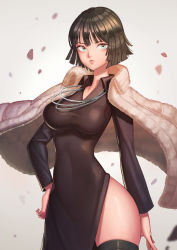 Rule 34 | 1girl, absurdres, arm at side, black dress, black hair, black thighhighs, bob cut, breasts, coat, collared dress, curly hair, dress, floating rock, fubuki (one-punch man), fur coat, green eyes, hand on own hip, highres, jacket, jacket on shoulders, jewelry, large breasts, looking at viewer, narrow waist, necklace, one-punch man, pudin, side slit, solo, taut clothes, taut dress, thighhighs, white background
