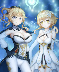 Rule 34 | 2girls, arms behind back, belt, black gloves, blurry, bow, breasts, capelet, cleavage, commentary, depth of field, detached collar, detached sleeves, dress, flower, genshin impact, gloves, grey eyes, hair between eyes, hair bow, hair flower, hair ornament, hand on own hip, head tilt, highres, jean (genshin impact), large breasts, leaning forward, light brown hair, lilyclipse, long hair, long sleeves, looking at viewer, lumine (genshin impact), multiple girls, pants, parted lips, ponytail, puffy detached sleeves, puffy sleeves, scarf, short hair, short hair with long locks, sidelocks, simple background, smile, thighhighs, vision (genshin impact), white dress, white legwear, white pants, white scarf, wind, yellow eyes, zettai ryouiki