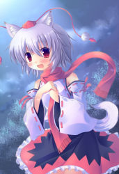 Rule 34 | 1girl, animal ears, aosora, blue sky, blush, cloud, detached sleeves, female focus, hands on own chest, hat, highres, inubashiri momiji, long sleeves, looking at viewer, open mouth, pom pom (clothes), red eyes, red scarf, ribbon-trimmed sleeves, ribbon trim, scarf, short hair, skirt, sky, solo, tail, tokin hat, touhou, vest, white hair, wide sleeves, wolf ears, wolf tail, yuzuki sora
