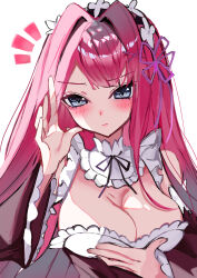 Rule 34 | 1girl, absurdres, apron, baobhan sith (fate), blush, breasts, cleavage, detached collar, detached sleeves, fate/grand order, fate (series), frills, grey eyes, hair ornament, hand on own chest, hand up, highres, large breasts, long hair, looking at viewer, maid, maid apron, maid headdress, misawa mn, pink hair, sidelocks, solo, white background