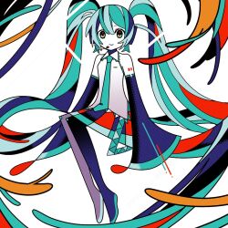 Rule 34 | 1girl, absurdly long hair, aqua hair, aqua necktie, bare shoulders, blue skirt, blue sleeves, boots, closed mouth, collared shirt, colored skin, commentary, detached sleeves, english commentary, full body, grey shirt, hatsune miku, headset, long hair, long sleeves, looking at viewer, machigami yoh, miniskirt, multicolored hair, necktie, pleated skirt, red skirt, shirt, sitting, skirt, sleeveless, sleeveless shirt, sleeves past fingers, sleeves past wrists, smile, solo, streaked hair, thigh boots, twintails, two-tone skirt, very long hair, vocaloid, watermark, white background, white skin