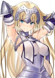 Rule 34 | 1girl, absurdres, armpits, blonde hair, blue eyes, breasts, chain, elbow gloves, fate/apocrypha, fate/grand order, fate (series), gloves, hands in hair, highres, jeanne d&#039;arc (fate), jeanne d&#039;arc (ruler) (fate), jeanne d&#039;arc (third ascension) (fate), jikatarou, large breasts, long hair, smile, solo, sweat, white background