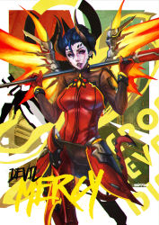 Rule 34 | 1girl, absurdres, alternate hair color, black hair, demon girl, devil mercy, highres, horns, looking at viewer, mechanical wings, mercy (overwatch), monori rogue, official alternate costume, open mouth, over shoulder, overwatch, overwatch 1, solo, staff, weapon, weapon over shoulder, wings