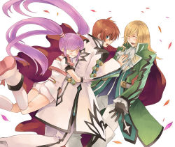 Rule 34 | 1girl, 2boys, asbel lhant, ascot, bad id, bad pixiv id, blonde hair, blue eyes, brown hair, cropped jacket, detached sleeves, closed eyes, gloves, hug, multiple boys, official alternate costume, purple hair, richard (tales), short shorts, shorts, sophie (tales), tales of (series), tales of graces, touge78, twintails, white background, white shorts