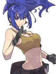 Rule 34 | 1girl, belt, blue eyes, blue hair, breasts, camouflage, camouflage pants, clenched hand, commentary, dog tags, earrings, gloves, highres, jewelry, leona heidern, medium breasts, midriff, ooiwa (irc14786149), pants, ponytail, pouch, snk, soldier, solo, tank top, the king of fighters, the king of fighters xv, yellow tank top