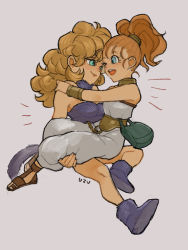 Rule 34 | 2girls, :d, ;d, artist name, ayla (chrono trigger), bag, bare arms, bare shoulders, blonde hair, bracer, brown footwear, carrying, carrying person, cavewoman, chain, chrono trigger, closed mouth, commentary, eye contact, fake tail, green eyes, hand on another&#039;s shoulder, highres, holding, long hair, looking at another, marle (chrono trigger), multiple girls, one eye closed, open mouth, orange hair, pointy nose, ponytail, purple footwear, sandals, simple background, smile, tail, teeth, upper teeth only, uzutanco, yuri