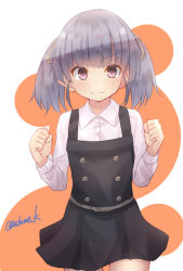 Rule 34 | 1girl, belt, brown eyes, clenched hand, commentary request, dress, grey background, highres, kamijou sadame, kantai collection, looking at viewer, one-hour drawing challenge, ooshio (kancolle), pinafore dress, shirt, short twintails, sleeveless, sleeveless dress, smile, solo, twintails, twitter username, two-tone background, white shirt
