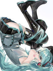 Rule 34 | 1girl, absurdres, arm up, artist name, ass, bare shoulders, belt, between legs, black footwear, black skirt, blue belt, blue eyes, blue hair, blunt bangs, boots, closed mouth, detached sleeves, expressionless, eyelashes, feet up, grey shirt, hatsune miku, headset, highres, light blush, long hair, looking at viewer, loose belt, lying, muu (muu shiromiya), on back, on floor, outstretched arm, pleated skirt, shiny footwear, shirt, shoulder tattoo, simple background, skirt, sleeveless, sleeveless shirt, sleeves past fingers, sleeves past wrists, solo, tattoo, thigh boots, thighhighs, thighs, twintails, upside-down, vocaloid, wavy hair, white background