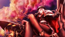 Rule 34 | 1girl, azur lane, belt, black gloves, black pantyhose, bra, breasts, buttons, cannon, cape, charging (attack), cleavage, cloud, cloudy sky, cross, crossed legs, dusk, eyes visible through hair, from below, fur-trimmed cape, fur trim, gloves, graf zeppelin (azur lane), hair between eyes, hand on machinery, hand on own face, hat, iron cross, jacket, large breasts, long hair, looking at viewer, machinery, military, military uniform, outdoors, pantyhose, peaked cap, powering up, purple sky, red eyes, rigging, shinachiku (uno0101), skirt, sky, solo, turret, underwear, uniform, white bra, white hair
